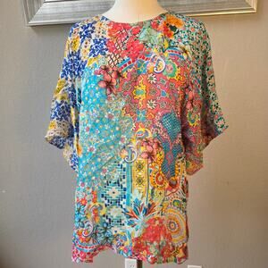 Shana Women's‎ Whimsical Silk Patchwork Floral Relaxed Pullover Top Size S Multi